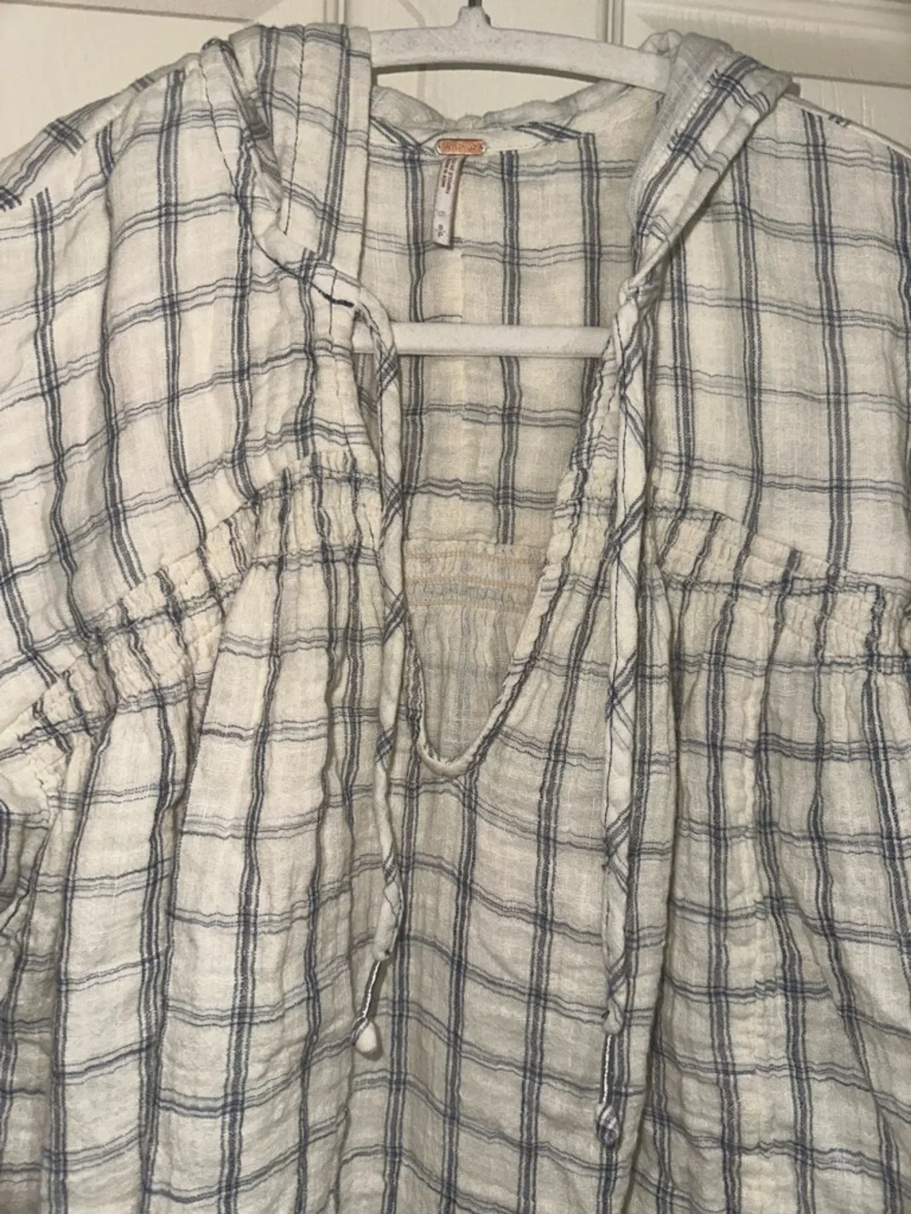 Free People Lightweight White and Blue Plaid Hooded Gauzy Cotton Tunic Top S